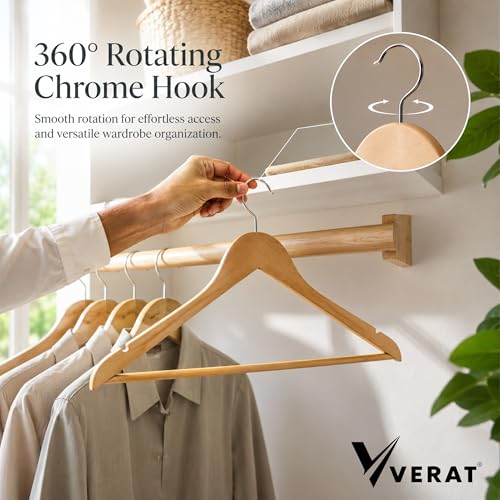 Image of Wooden Clothes Hangers Pack of 10, Natural Solid Wood Coat Hangers with Chrome Swivel Hook, Smooth Finish for Shirts, Suits, Dresses & Jackets, Space Saving Wardrobe Organizer (Light Brown)