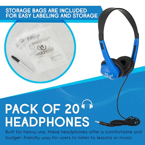 Image of Egghead Heavy-Duty Kids' Stereo Headphones with Padded Ear Cups and 4' Cord, Adjustable Tangle-Free Stereo School Headphones, Pack of 20, Blue