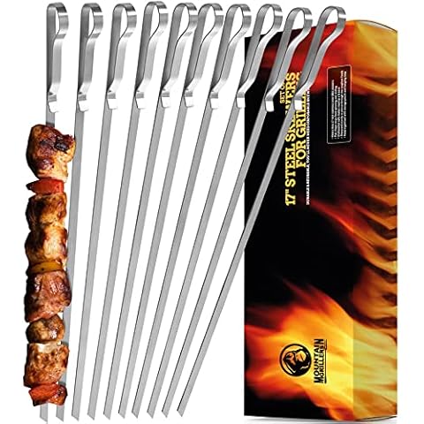 BBQ Grilling Kabob Skewers - 17” Stainless Steel - Long Reusable Flat Metal - Barbecue Shish Kebab Sticks - Set of 10 w/ Handy Storage Bag Cover