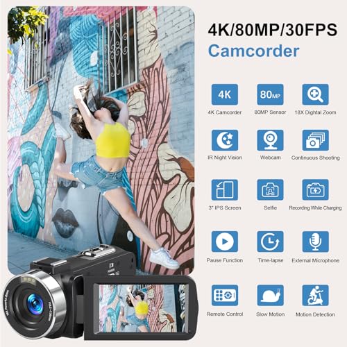Image of Camcorder Video Camera 4K 80MP 30FPS Vlogging for YouTube Autofocus | IR Night Vision, 18X Digital Zoom, 3.0 IPS Screen Recorder with 32GB SD Card, 2 Batteries, Stabilizer and Remote Control
