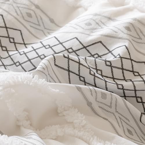 Image of KAREVER Ivory Black Boho Comforter Set Queen Mixed Textures Jacquard Bedding Set Durable Chic and Stylish Bedroom Set