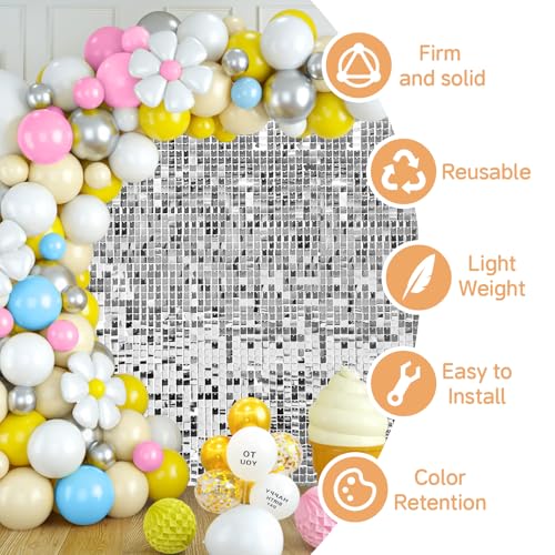 Image of 4FT x 6FT Silver Shimmer Wall Backdrop,Shiny Sequins,24PCS Sequins Backdrop Decoration Panels, Glitter Bling Photo Background Decorations for Birthday Party Wedding Engagement Anniversary Graduation