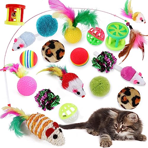 20 PCS Interactive Kitten Toys Assortment for Indoor Cats - Variety Pack With Feather Teaser Fluffy Mouse Crinkle Balls Bell Balls Fuzzy Ball for Chase and Exercise (A)