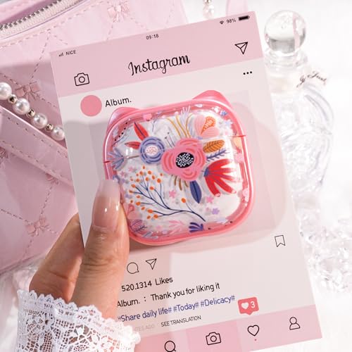 Image of for AirPods 4 Case with Cleaning Kit, Cute Cat Ear Print Design & Cute Buckle, Inverted Phone Holder Design, Top Safe Lock Buckle Design, for Girls AirPods 4 case 2024,Clear Flowers