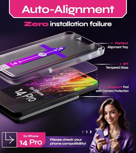 Image of Defenslim Screen Protector for iPhone 14 Pro (2Pack), Easy Auto-Align Install Kit, 6.1 inch Tempered Glass, 9H Hardness, Ultra HD Clear, Case Friendly, EasyShield