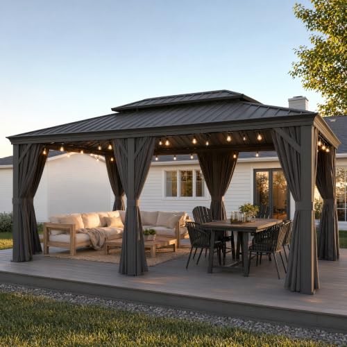 Image of HOTEEL 12x20 Gazebo with Metal Roof Heavy Duty Hardtop Gazebo with Flame-Retardant Curtain Black