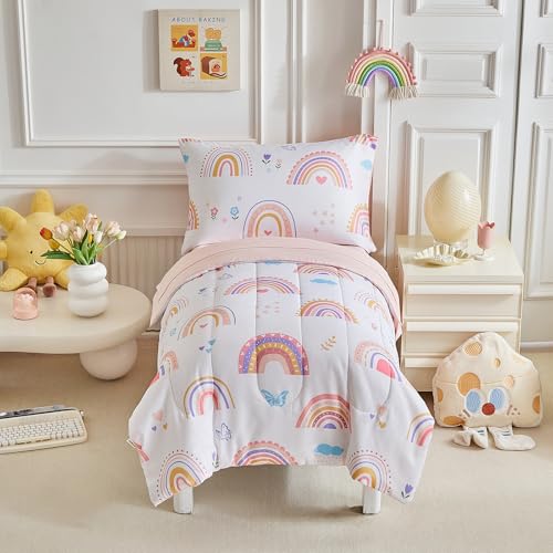 Image of Joyreap 4 Piece Toddler Bedding Set- Pink Rainbow Lovely Design, Microfiber Toddler Bedding Comforter Set for Kids Girls