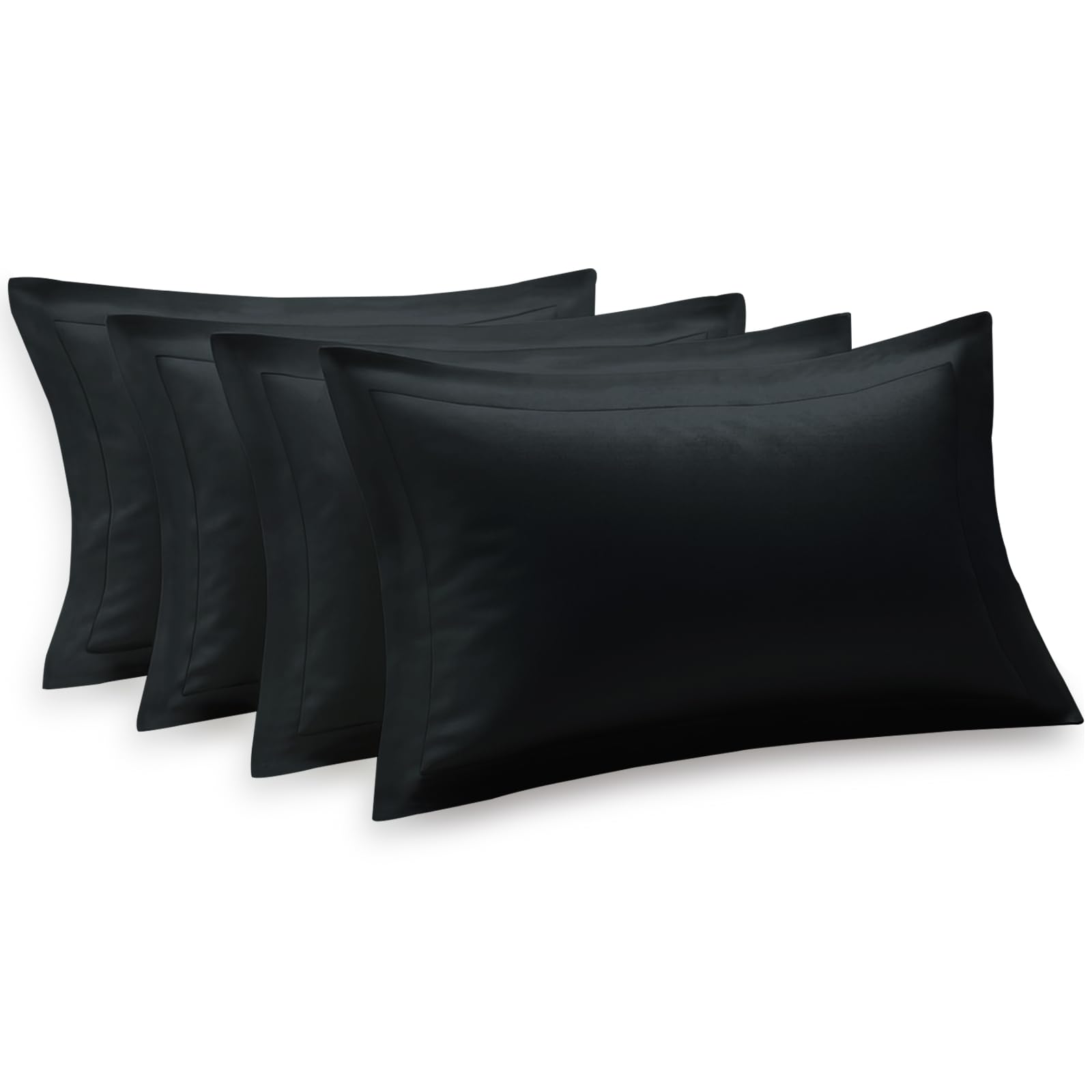 Pizuna 100% Cotton Standard Pillow Cases 4 Pack Black 50x75cm 600 Thread Count Long Staple Combed Cotton Oxford Pillow Cases Soft Sateen Pillows 4 Pack Hotel Quality