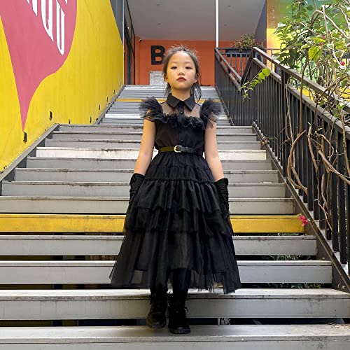 Klfflgid Wednesday Addams Dress Kids Merlina Girls Halloween Costume With Gloves Belt And Socks, Addams Black Dress Family Cosplay Outfit 140 #TOP7