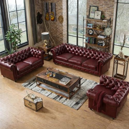 Image of Classic Leatherette Chester Sofa Set Button Tufted, Classic Style Sofa Set 3-Person Sofa for Living Room, Office, and Hallway Colour (Burgundy Leatherette, 3+2+1=6 Seater Sofa)