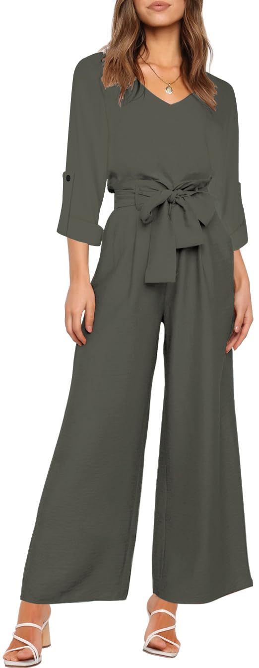 FANCYINN Conjunto de Pantalones de 2 Piezas Mangas largas para Mujer Pantalones de Bolsa de Papel recortados de Cintura Alta con Cuello en V y Tirantes Anchos con cinturón