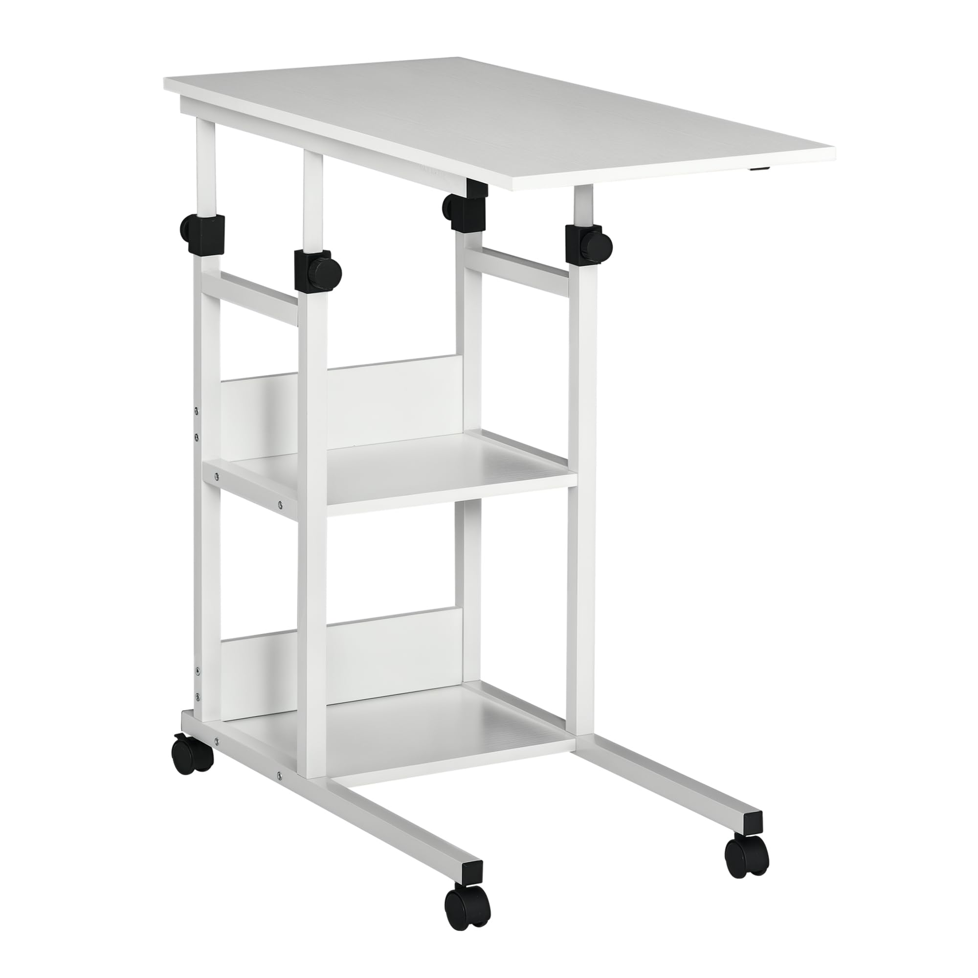 HOMCOM Beistelltisch Couchtisch mit Rollen 80x40x72-82 cm Weiß | Höhenverstellbarer Schreibtisch mit 2 unteren Regalen, Sofatisch Laptoptisch, Betttisch, für Esszimmer Wohnzimmer, Metall