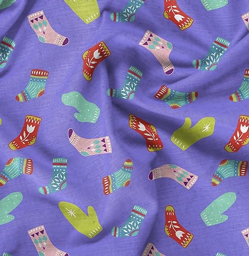 Image of Soimoi Purple Viscose Chiffon Fabric Socks & Gloves Folk Art Fabric Prints By Meter 42 Inch Wide