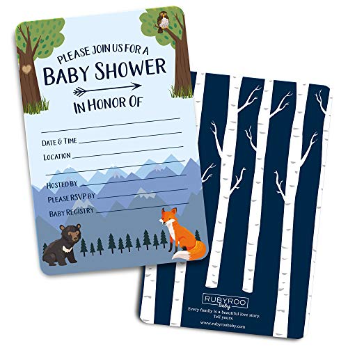 Baby Shower Invitations - 30 cards + envelopes. Gender neutral for boy or girl. Match baby shower games, decorations & favors. Perfect invites for showers, sprinkles or gender reveal party. (Woodland)