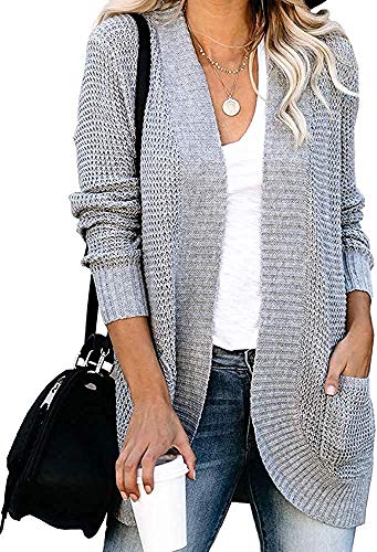 Xpreen Womens Long Sleeve Open Front Cardigan Casual Lightweight Waffle Knit Sweaters Outerwear with Pockets Grey