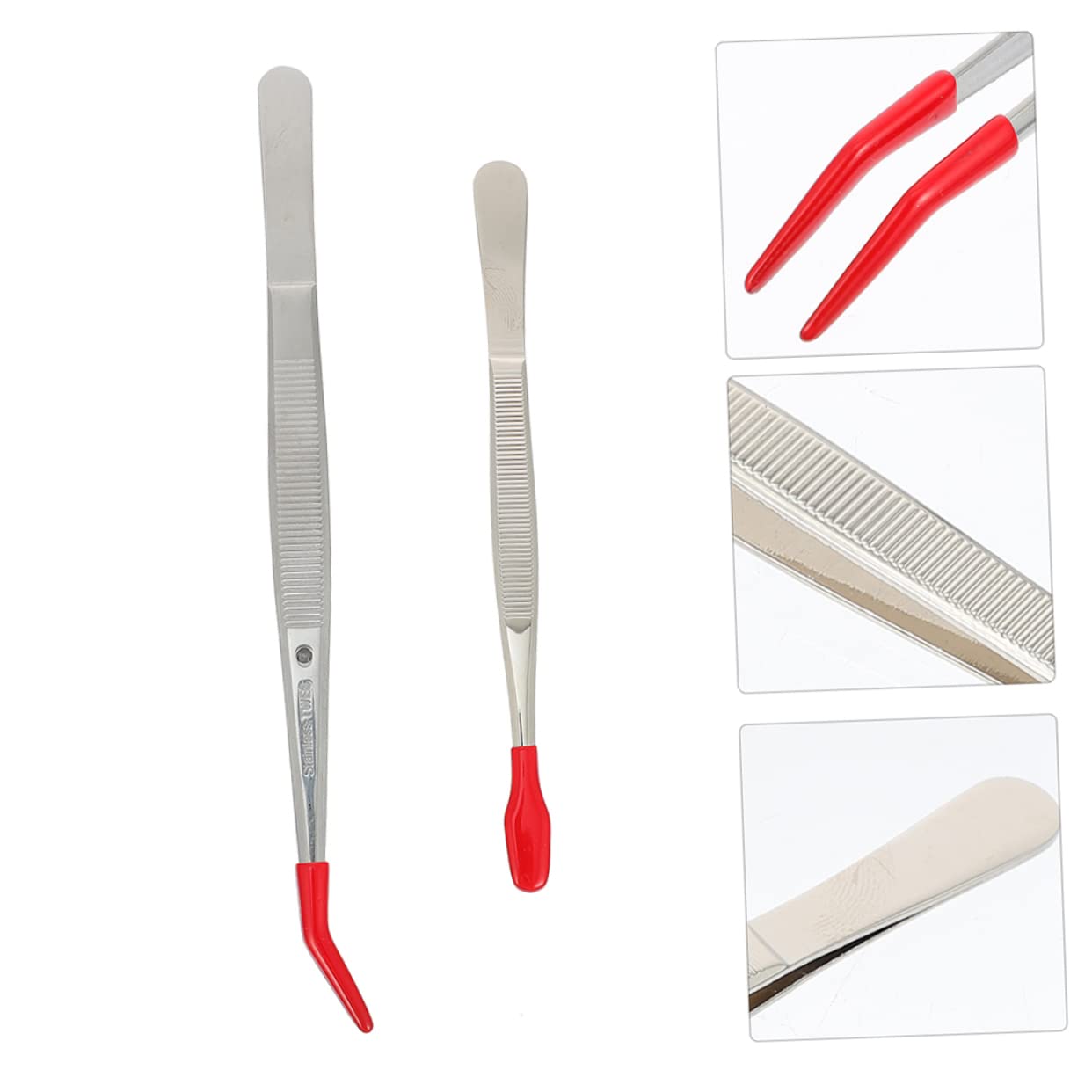 Pinzette a Punta in Gomma Rosse in Acciaio Inox 4 Pezzi | Becco Largo e Curvo, Set da Laboratorio e Gioielli, Presa Precisa per Oggetti Piccoli