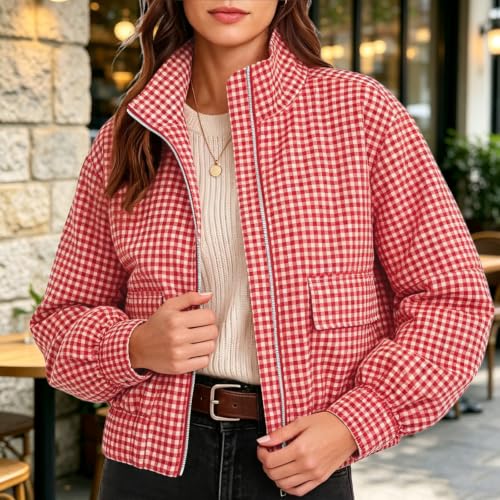 KioraLee Women's Gingham Funnel Neck Bomber Jacket Zip Up Cropped Coat S - image 6