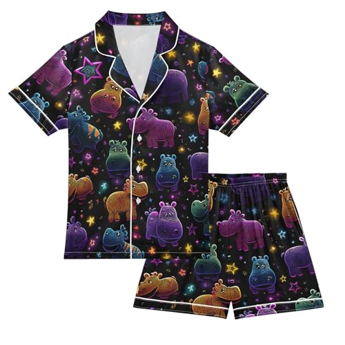 Satin Pajama Sets Short Sleeve Colorful Hippo Star Background Button Down Silky Nightwear 2 Piece PJS 5-14Y