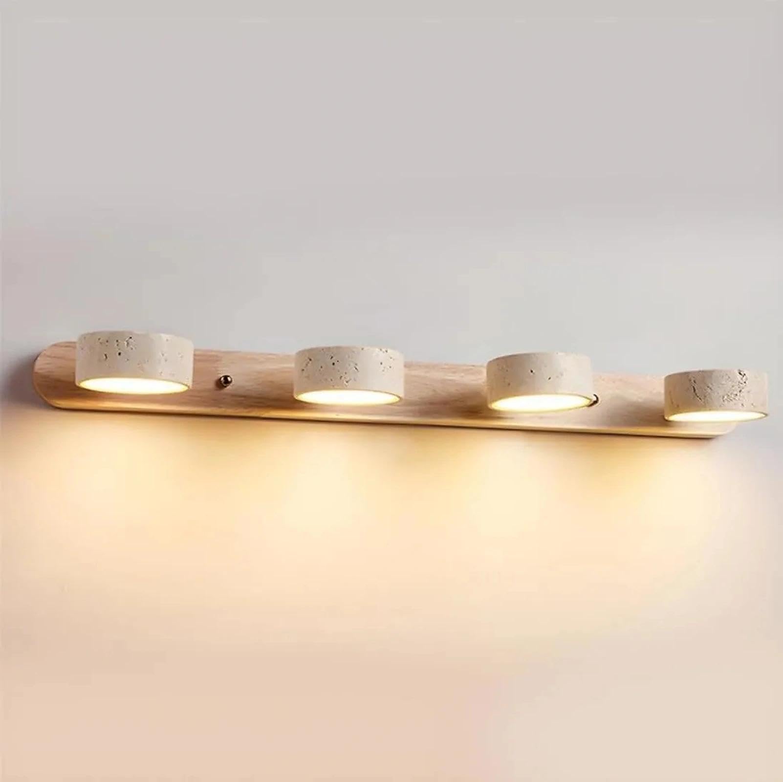 Natural Wood Vanity Light – 3-Light Travertine Wall Sconce with 180° Rotatable LED, Modern Stone Lamp Fixture for Bathroom Mirror, Nordic Farmhouse Style(Wood Color,4 Heads)