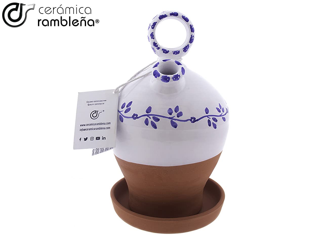CERÁMICA RAMBLEÑA | Botijo de Barro Rojo | Botijo Decorado asa Redonda Base Vuelta Cenefa Azul - Modelo D06 de La Rambla (Córdoba) | 100% Hecho a Mano | 3.5 litros | Eco | Plato Incluido
