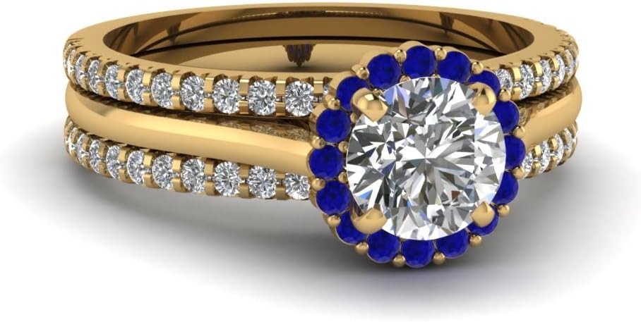 Choose Your Gemstone Round Halo Diamond CZ Trio Band Set Yellow Gold Plated Round Shape Trio Wedding Ring Sets Matching Jewelry Wedding Jewelry Easy to Wear Gifts US Size 4 to 12