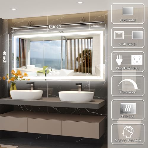 Image of 84x40 Inch Led Mirror for Bathroom with Front Light and Backlit, Bathroom Mirror with Led Lights, Vanity Mirror with Lights for Wall, Anti-Fog, Dimmable, Memory Function, Tempered Glass