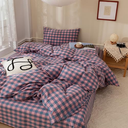 Image of EAVD Modern Purple Pink Plaid Duvet Cover Queen Soft 100% Washed Cotton Reversible Grid Bedding Duvet Cover with 2 Pillowcases Geometric Simple Plaid Comforter Cover with Zipper Closure