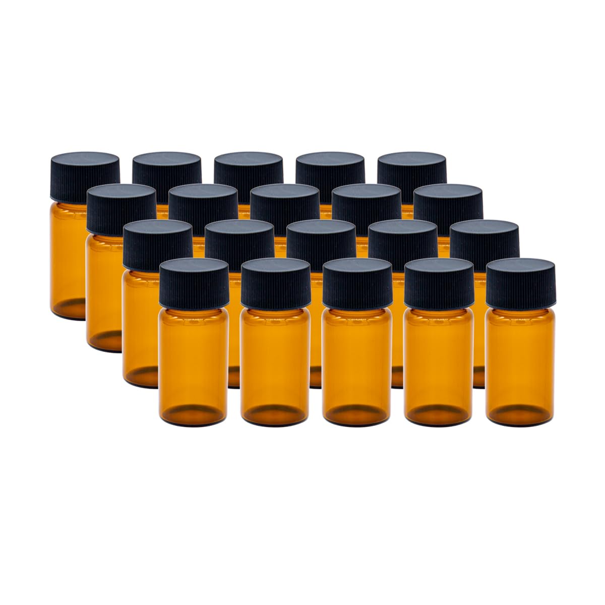 Tutuxio 20pcs 20ml Glass Sample Vials, Liquid Sampling Small Glass Bottle Storage Container with PE Liners Black Screw Caps Leak-Proof for Essential Oil, and Specimen Samples, Brown