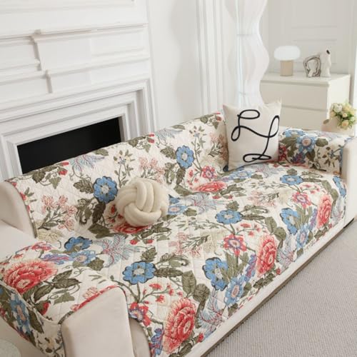 Image of HOMETHREADS Premium Style Anti Slip Sofa Cover Set | Cotton Sofa Slipcover | 1Pc Front Cover with Attached Armrest + 1Pc Back Cover (Rose Beige, 4 Seater | 200x185cm)