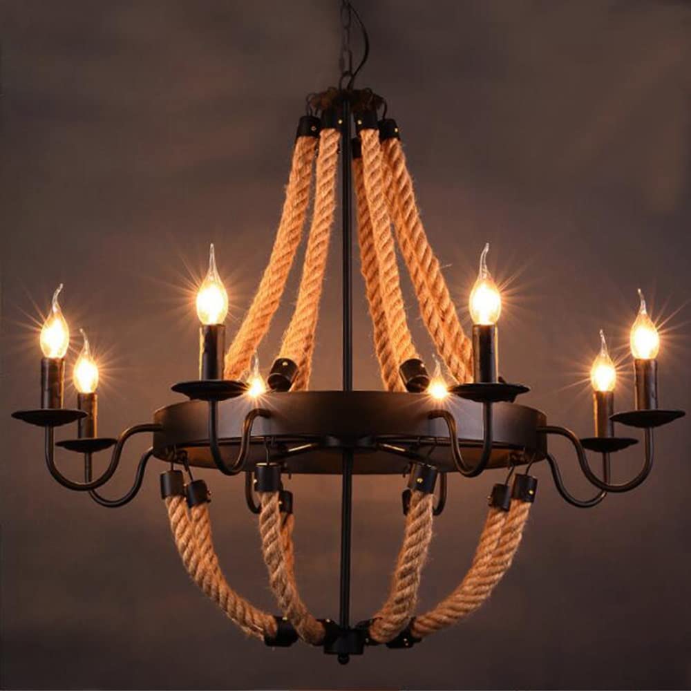 Vintage Hanfseil Hängelampe E14 Antik Kronleuchter Rustikale Loft Industrieller Pendelleuchte Höhenverstellbar Esstisch Hängeleuchten Deckenleuchte für Wohnzimmer Küche Esszimmer Bar Cafe, 8 heads