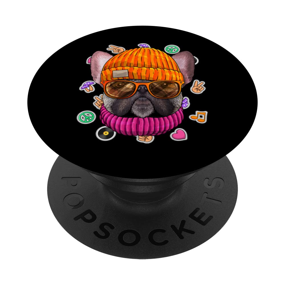 Hipster French Bulldog Geek Nerd Glasses Dog Love Peace Sign PopSockets Adhesive PopGrip