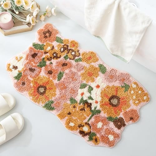 TRUEDAYS Wildflower Floral Bathroom Rug - Cute Tufted Non Slip Soft Flower Shaped Bath Mat Washable Farmhouse & Cottagecore Bathroom Decor - Aesthetic Orange Rug for Vanity Tub Entryway