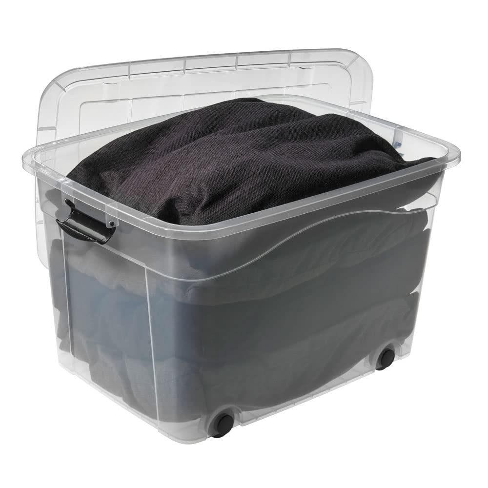 Logiplast 2 Stück Aufbewahrungsbox transparent 100 Liter mit Deckel und Klickverschluss 690 x 515 x 420 mm inkl. Rollen
