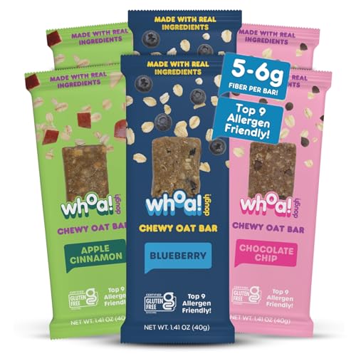 Whoa! Dough Top 9 Allergen Free Chewy Oat Bars - 3-Flavor Variety Pack | (6) 1.41 oz Individually Wrapped Bars | 5-6g Fiber Allergen Friendly Gluten-Free & Plant-Based Granola Oat Bars Apple Cinnamon Blueberry & Chocolate Chip