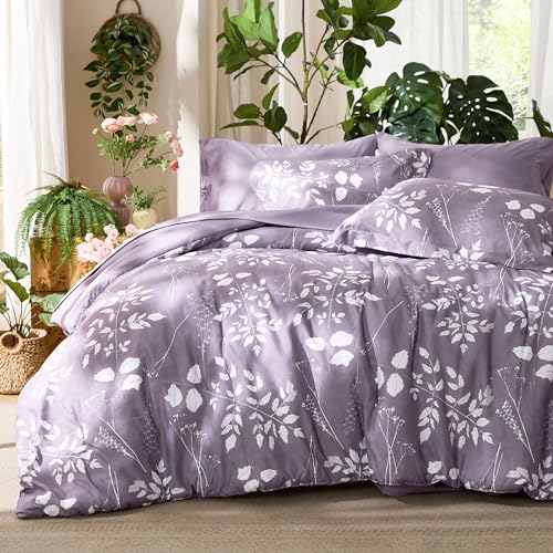 Image of Bedsure Floral Grayish Purple Comforter Set, King Bedding Sets, 7 Piece | Bed in a Bag, Comforters, Bedroom, Reversible, Fluffy, Whisper-Quiet, All-Season, Polyester, Easy Care, Botanical-Chic, OEKO