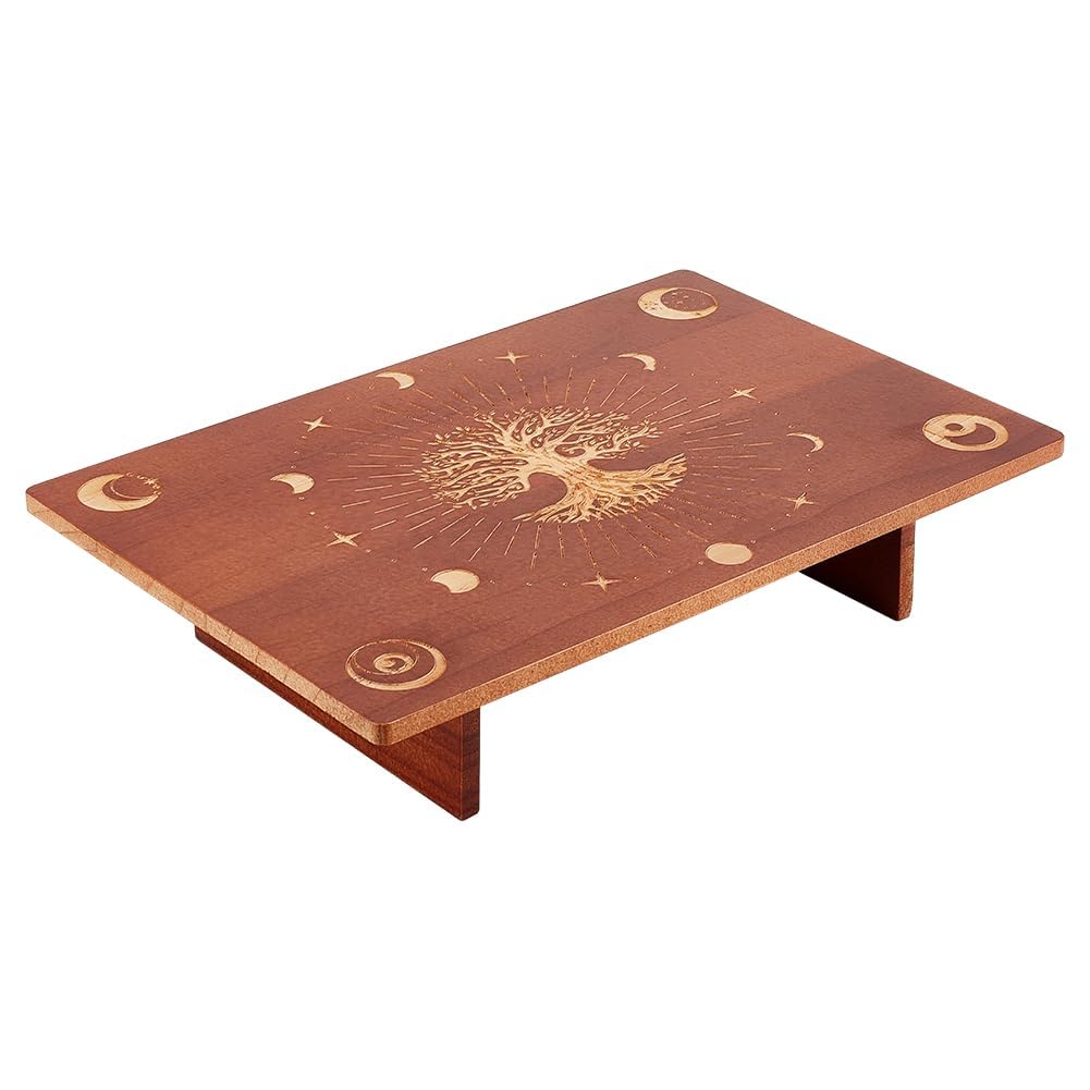 PandaHall Altar Table, 11.8x7.8 inch Small Wooden Meditation Table Engraved Moon Phase & Tree of Life Patterns for Room Decor & witchcraft Supplies & Buddhist Alter