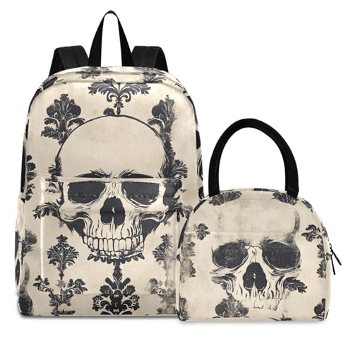 Backpack Lunch Box Set Large Capacity Travel Backpacks and Insulated Lunch Bag for Commute Hiking Picnic Retro Skull Pattern Print