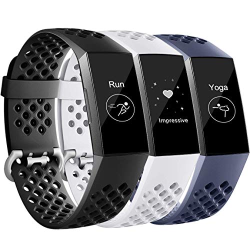 Maledan Bands Compatible with Fitbit Charge 3 and Charge 4, Breathable Sport Band Replacement Wristbands with Air Holes for Charge 4/ Charge 3/ Charge 3 SE Fitness Tracker Women Men, 3-Pack, Small