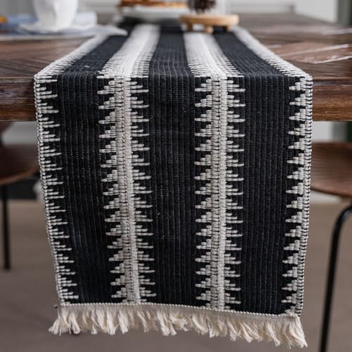 Chemin de table mariage champêtre 400cm en coton lin noir blanc