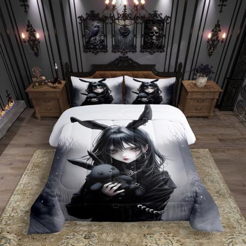 Image of Erosebridal Anime Girl Bedding Set Full,Anime Gifts Comforter Set for Girls Women,Gothic 3D Japanese Girl Down Comforter,Black Gothic Bed Set Exotic Rabbit Printed Duvet Insert with 2 Pillowcases
