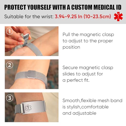 Custom Medical Bracelets for Women Men : Personalized Medical ID Emergency Bracelet Free Engraved Adjustable Stylish Stainless Steel Wristband Life Alert Gifts for Diabetics Asthma Blood Thinner3