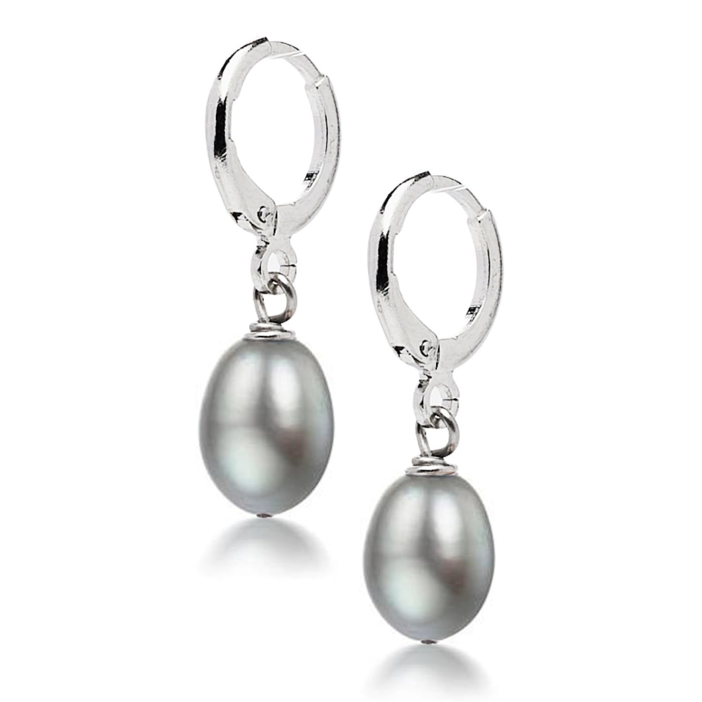 Boucles d'Oreilles Élégantes Perles, Boucles d'Oreilles Perles pour Femmes, 8-9mm, Perles d'Eau Douce, Pendantes et Créoles (Forme de riz Gris)