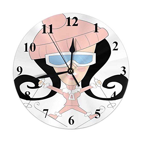 Reloj de mujer o niña con un traje de esquí de invierno y esquís y sosteniendo bastones de esquí, reloj de pared silencioso sin tictac, relojes de pared redondos de 10 pulgadas, decoración del hogar