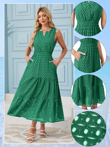 Image of Women 2025 Summer Maxi Dress Casual V Neck Sundress Sleeveless Hollow Out Eyelet a Line Long Flowy Beach Vacation