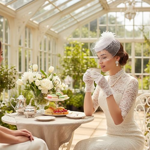 Image of Hiceeden 4 Pieces White Tea Party Hat Accessories for Women, Elegant Fascinator Wedding Hat for Girls, 20s 50s Pillbox Funeral Hats with Veil, Short Lace Floral Gloves, Pearl Earring and Necklace