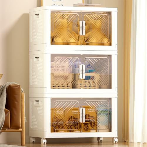 Storage Bins with Lid 76QT, Stackable Storage Containers with Wheels and Magnetic Doors, Plastic Clothes Closet Organizers and Storage Box for Pantry, Home and Office (3 Pack)
