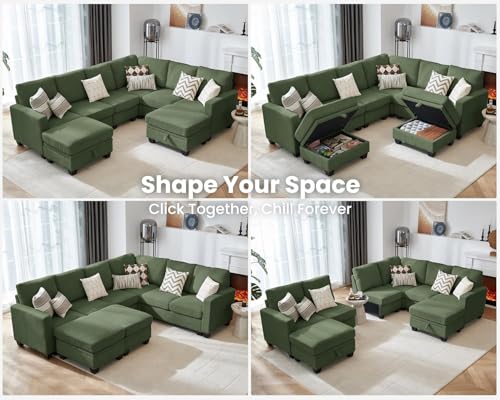 Image of CHIC HOUSE Modular Corner Sectional Sofa with Storage Ottoman, Corduroy L-Shaped Couch, Compact Small Space Furniture for Living Room & Apartment, (Green, 8 Seater L-Shaped)