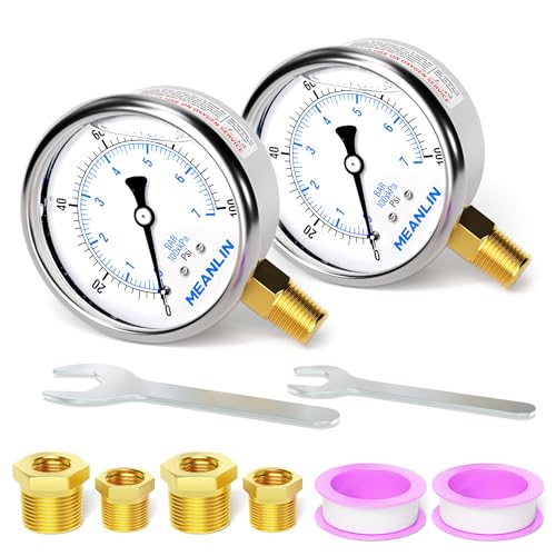 MEANLIN MEASURE 0~100Psi Stainless Steel 1/4" NPT 2.5" FACE DIAL,Liquid Filled Pressure Gauge,WOG Water Oil Air Lower Mount (Pack of 2), with 1/2" NPT and 3/8" NPT Hex Bushing