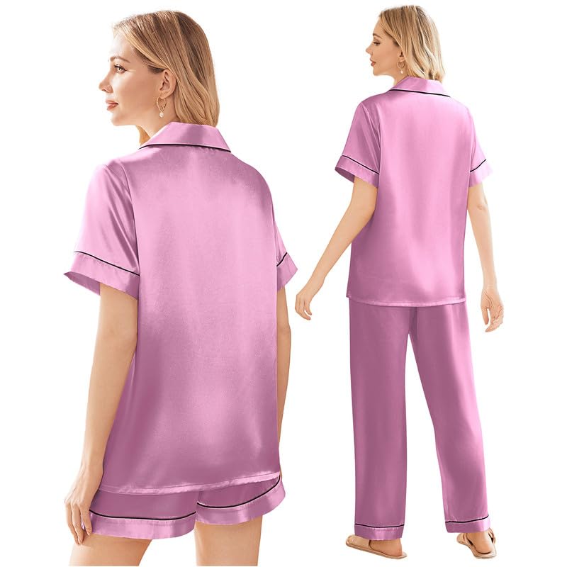 Image of Ekouaer Silk Pajamas for Women Set Satin Soft Short Sleeve Button Down Pjs