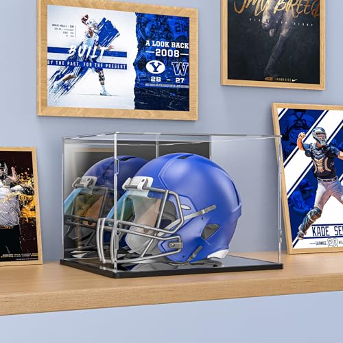 Image of Football Helmet Display Case, Clear Acrylic Display Box for Full Size Football & Baseball Helmets, Mirrored Back & Bottom, Black Base, Dust-Resistant Showcase, 14.9 inch x 11.8 inch x 11.8 inch